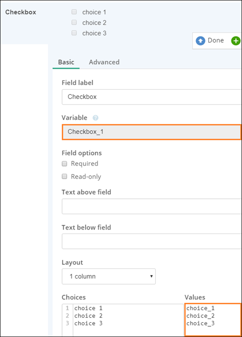 Where to find the variable name and the values corresponding to choices in a checkbox field